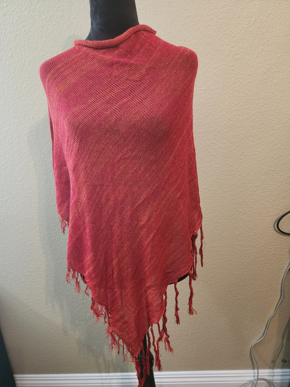Thin Red Knit Sweater Poncho Cover Up Fringe
